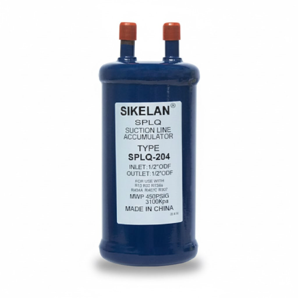 Acumulador de succión con conexión de 1/2 pulgada marca ERO modelo ERO-SPLQ204 para protección de compresores.