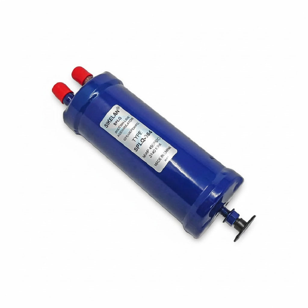 Acumulador de succión industrial con conexión de 1/2 pulgada marca ERO modelo ERO-SPLQ384 para protección de sistemas de refrigeración.