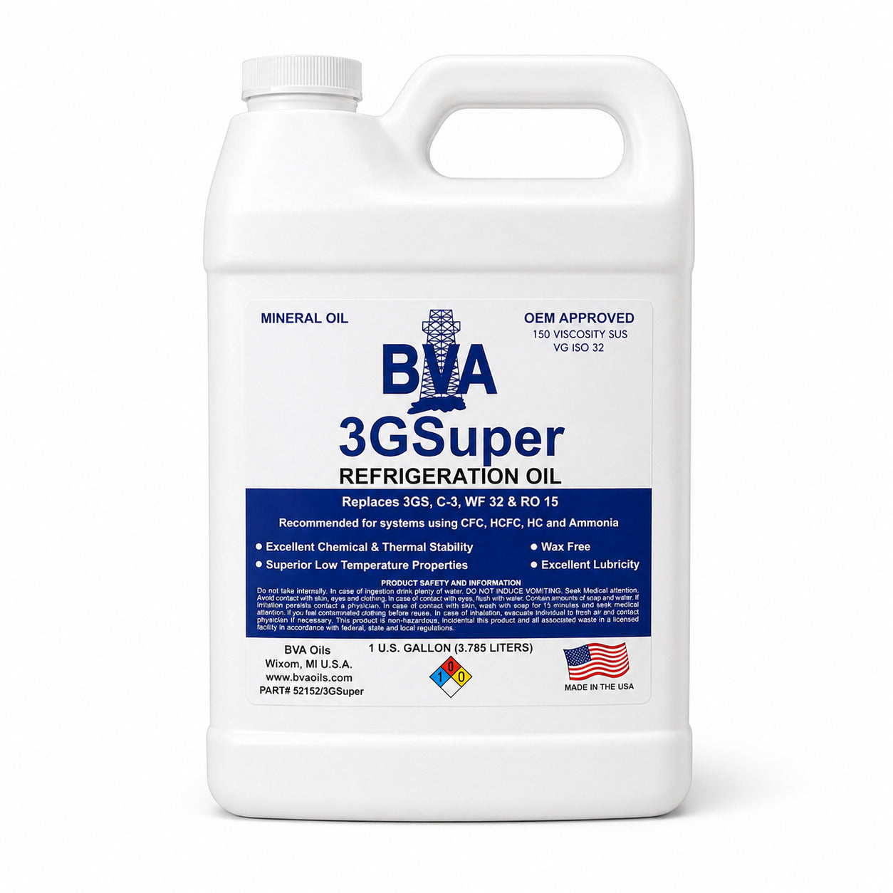 Aceite mineral BVA Oils 3GSUPER-G grado 150 en presentación 1 galón para compresores de refrigeración.