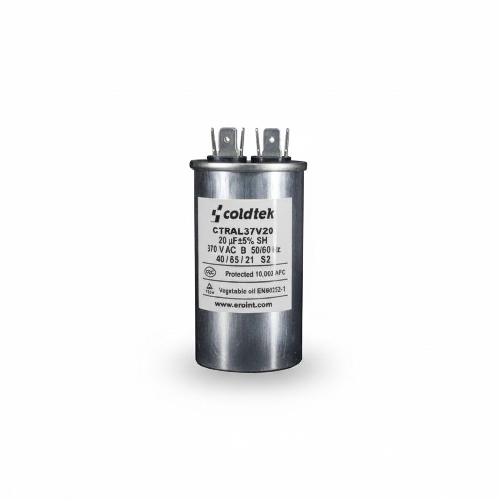Capacitor cilíndrico de trabajo para motores eléctricos, 20 microfaradios y 370 voltios marca COLDTEK.