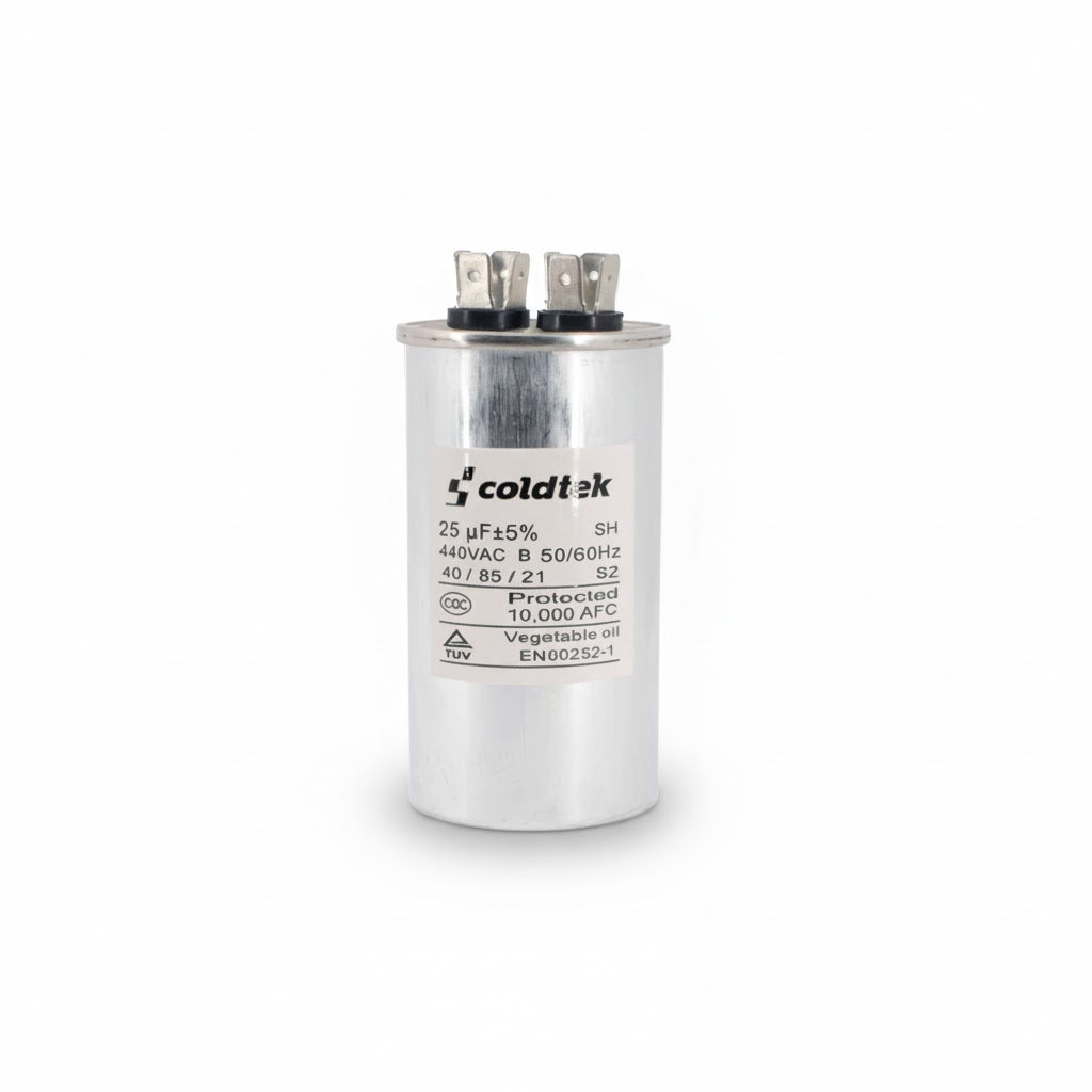 Capacitor cilíndrico de aluminio para trabajo de motores eléctricos, 25 microfaradios y 440 voltios marca COLDTEK.