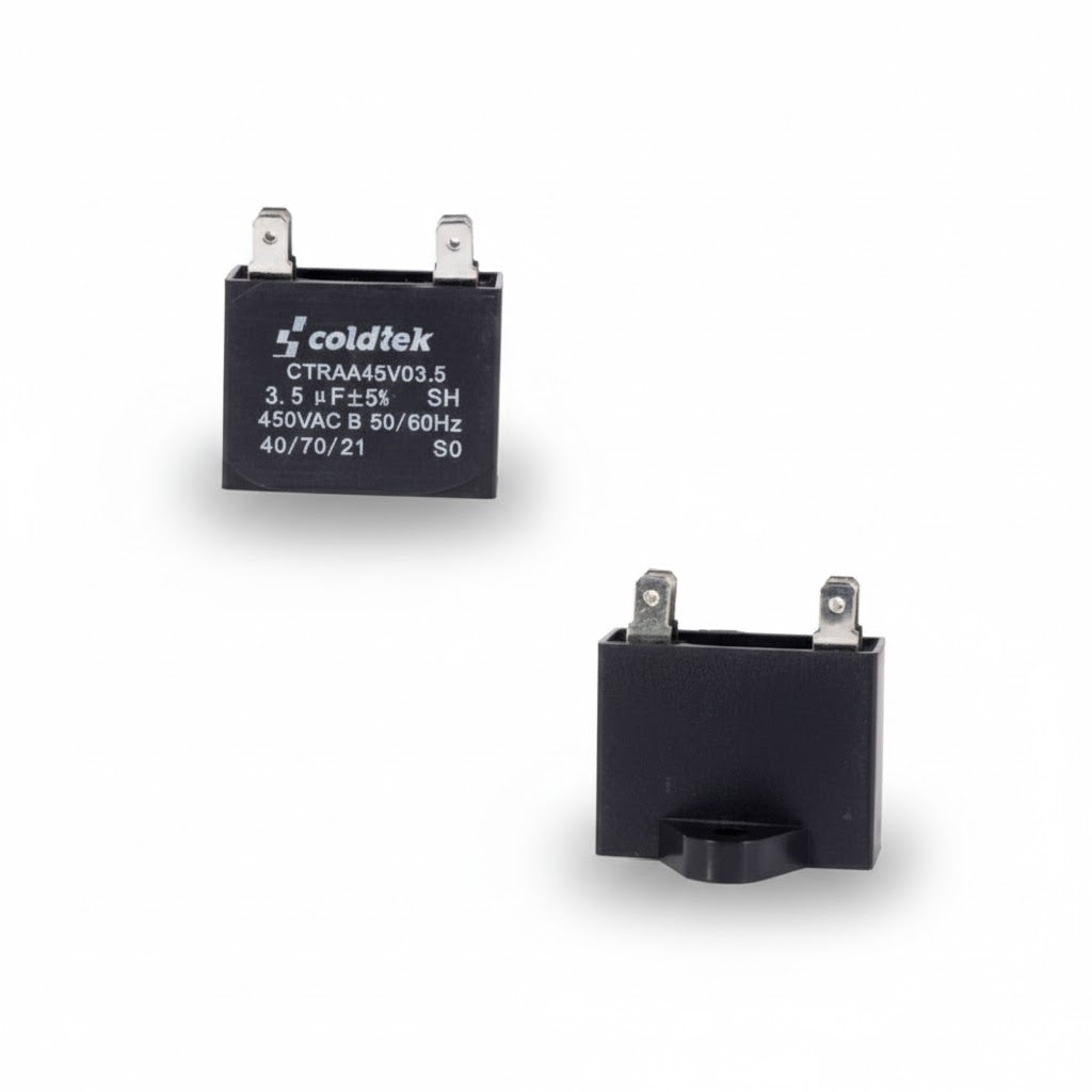 Capacitor tipo caja negro para trabajo de motores de ventilador, 3.5 microfaradios y 450 voltios marca COLDTEK.