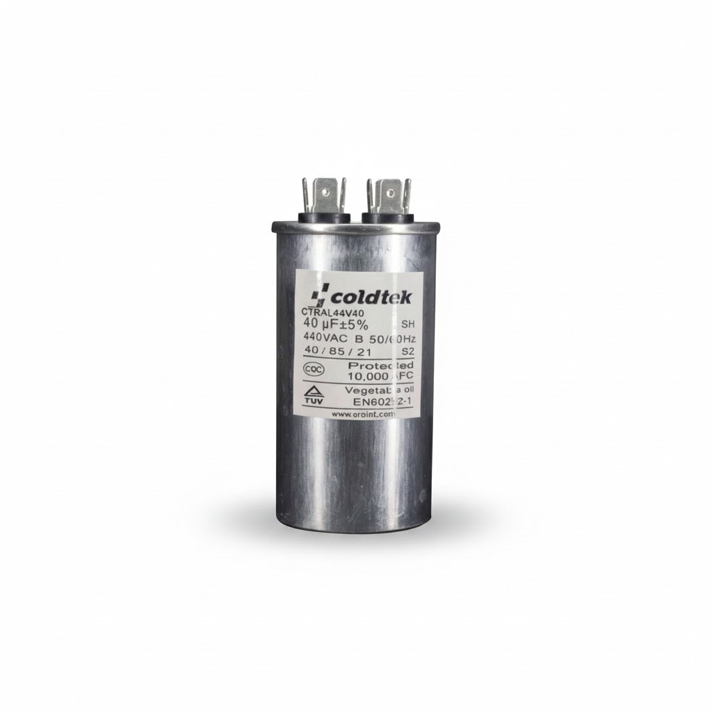 Capacitor cilíndrico de aluminio para trabajo de motores eléctricos, 40 microfaradios y 370 voltios marca COLDTEK.