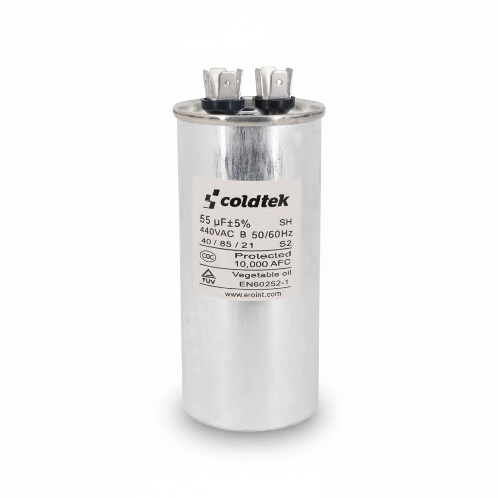 Capacitor de trabajo cilíndrico de 55 microfaradios y 440 voltios marca Coldtek para sistemas de refrigeración industrial.