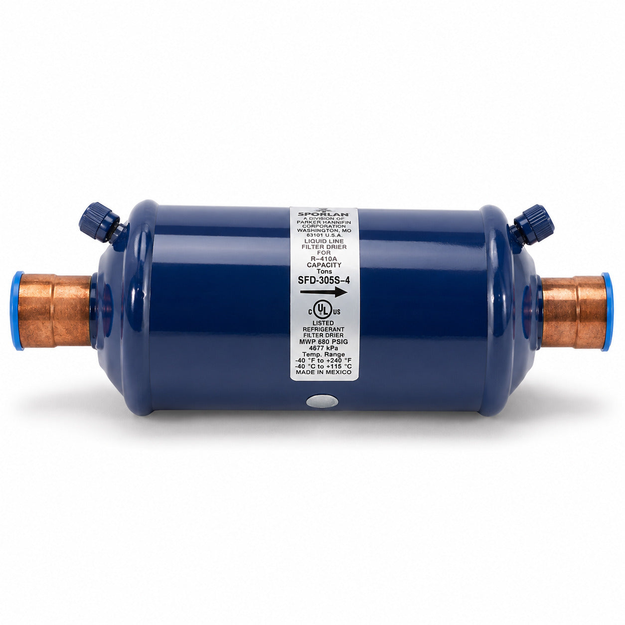 Filtro Deshidratador Emerson SFD-54S11VV para línea de succión con conexión 1 3/8 pulgada Soldable ODF y doble válvula de acceso para sistemas HVACR de alta capacidad.