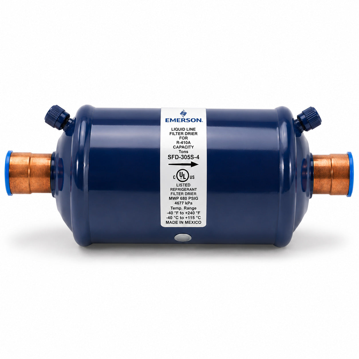 Filtro Deshidratador Emerson SFD-54S11VV para línea de succión con conexión 1 3/8 pulgada Soldable ODF y doble válvula de acceso para sistemas HVACR de alta capacidad.