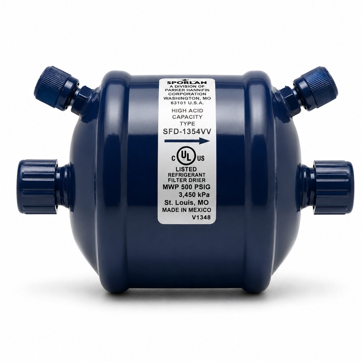 Filtro Deshidratador Emerson SFD-54S13VV para línea de succión con conexión 1 5/8 pulgada Soldable ODF y doble válvula de acceso para sistemas HVACR de alta capacidad.