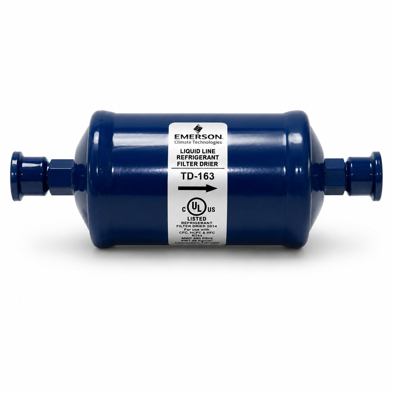 Filtro deshidratador Emerson TD-163 con conexión 3/8 pulgada Flare SAE para línea de líquido en sistemas de refrigeración y aire acondicionado.
