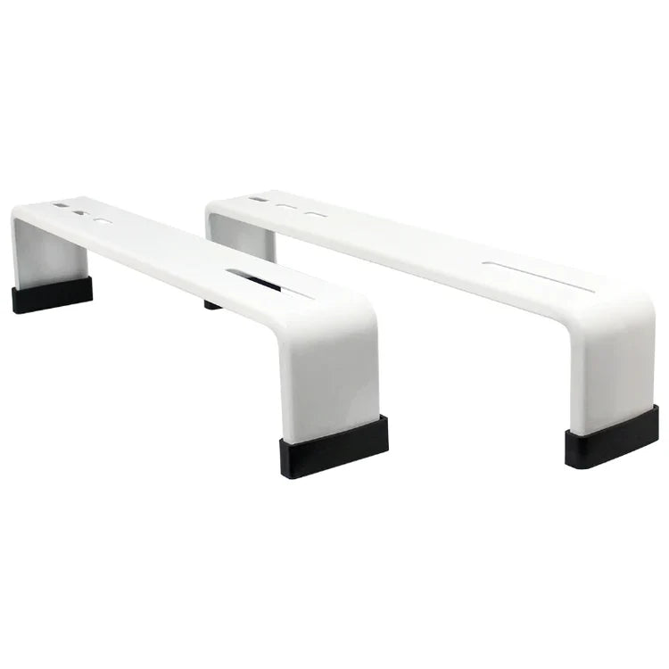 Juego de bases metálicas blancas de alta resistencia para soporte de piso de condensadoras de aire acondicionado.