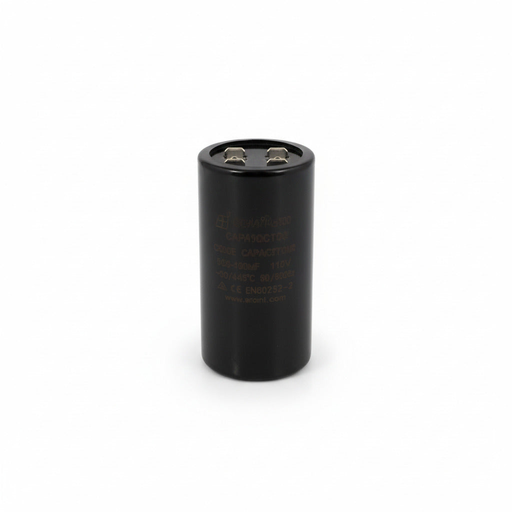Capacitor de arranque industrial negro de 108-130 MFD y 110VAC de ERO Internacional para motores eléctricos.