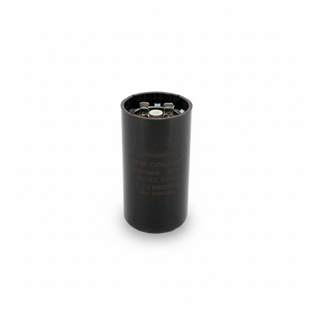 Capacitor de arranque industrial negro de 108-130 MFD y 330V de ERO Internacional para motores de alta demanda.