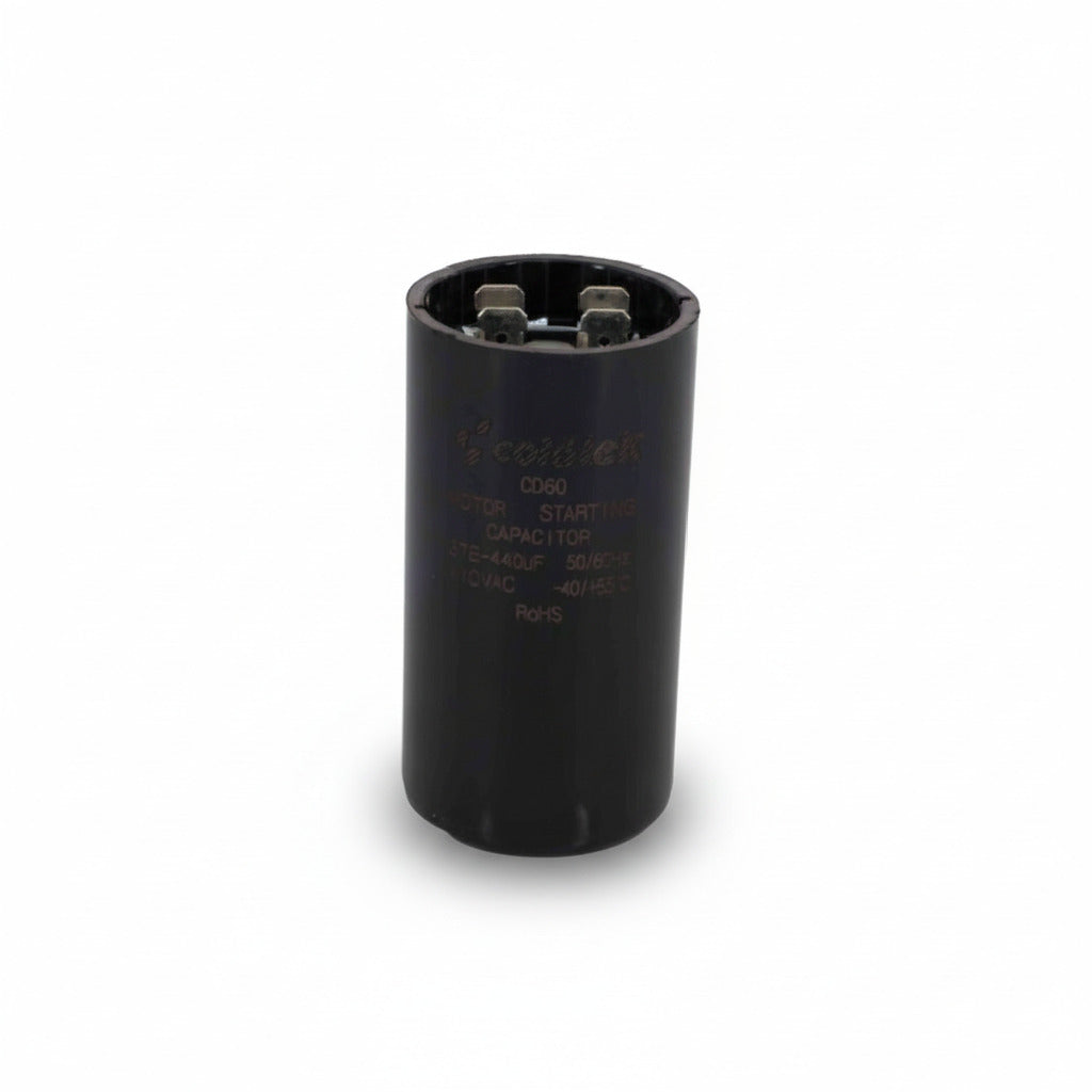 Capacitor de arranque industrial negro de máxima potencia 378-440 MFD y 110V de ERO Internacional.