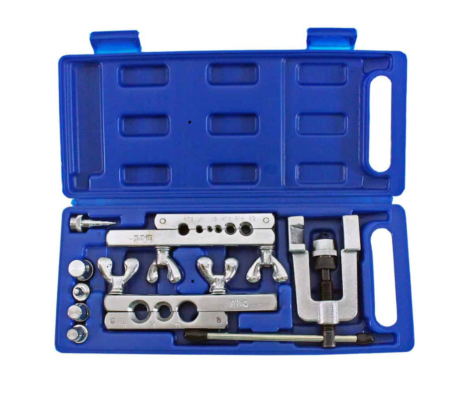Kit completo de abocinado y expansión de tuberías con yugo, barras y adaptadores en estuche azul marca ERO Internacional.
