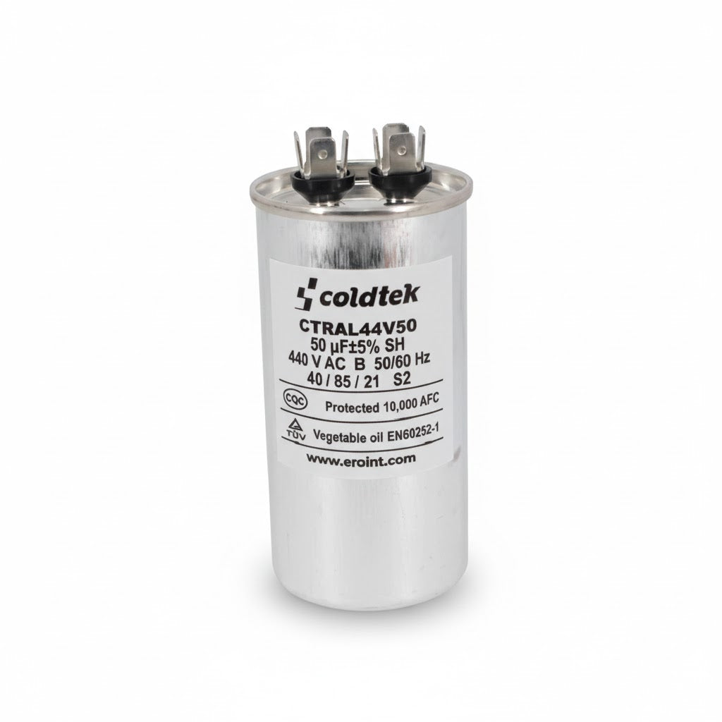 Capacitor de trabajo cilíndrico de 50 microfaradios y 440 voltios marca ERO Internacional para motores de refrigeración.