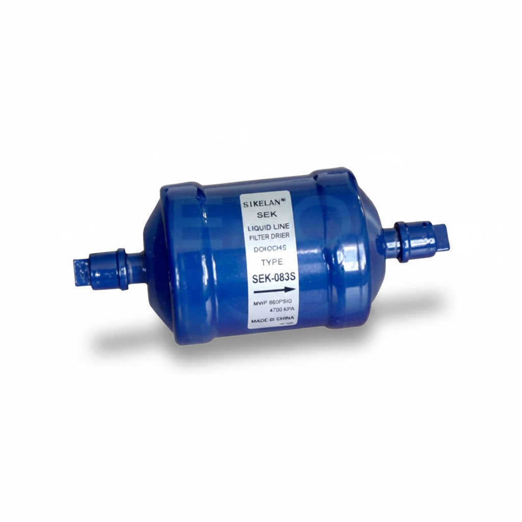 Filtro deshidratador de línea de líquido con conexión soldable de 3/8 de pulgada marca ERO modelo SEK-083S.