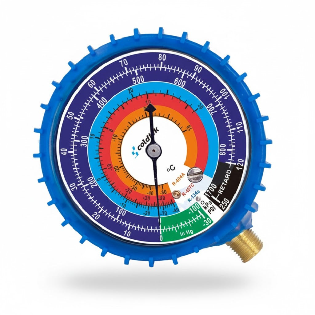 Reloj manómetro de baja presión para refrigerantes R407C, R22 y R404 marca ERO Internacional con protector azul.