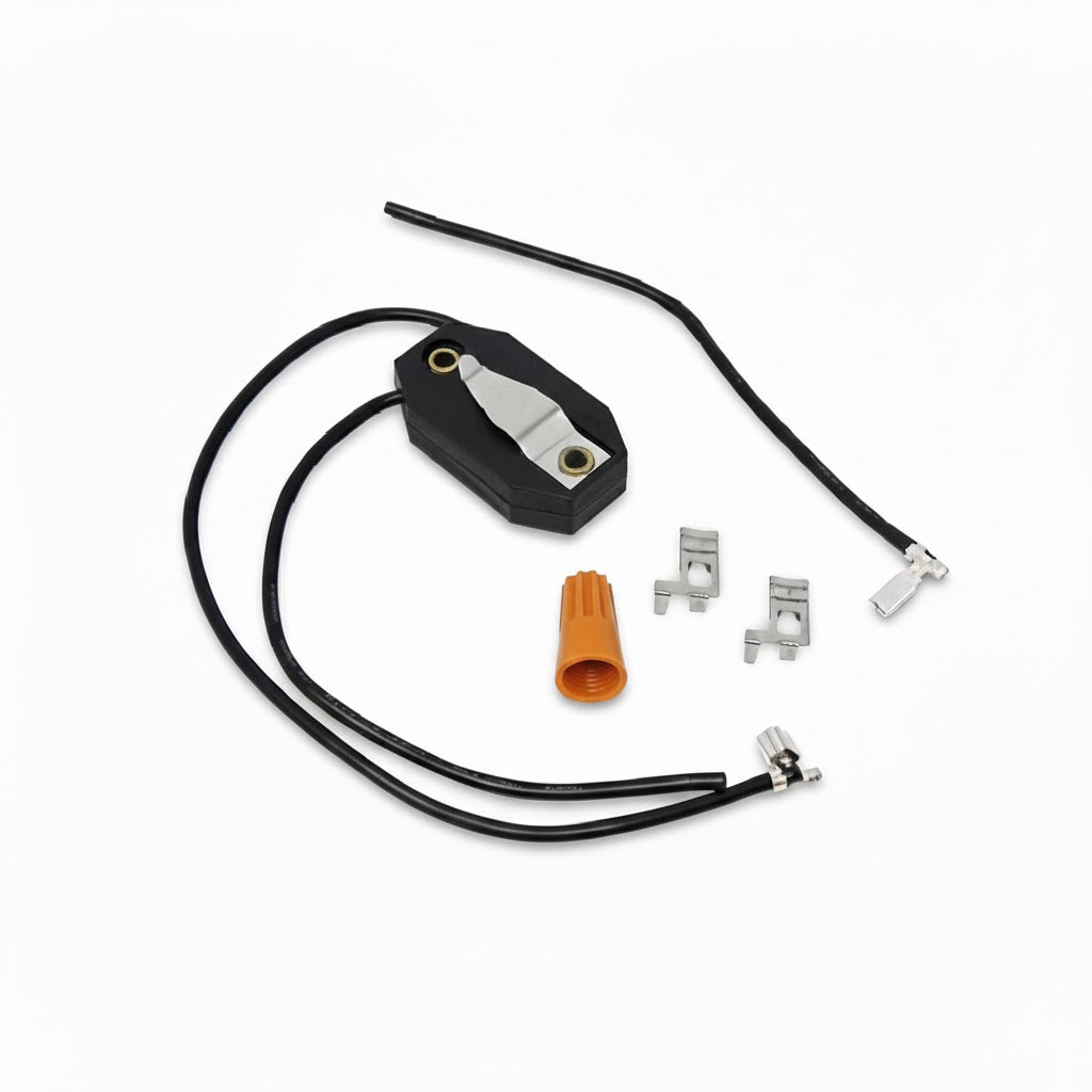 Kit de relevador de arranque para compresores de 1/8 a 1/3 H.P. y 110V marca ERO con cables y terminales incluidos.