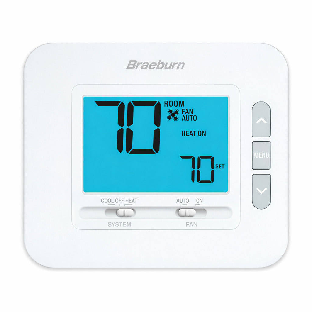 Termostato digital no programable Braeburn modelo 1030 con pantalla retroiluminada para sistemas de 1 etapa de calor y frío.