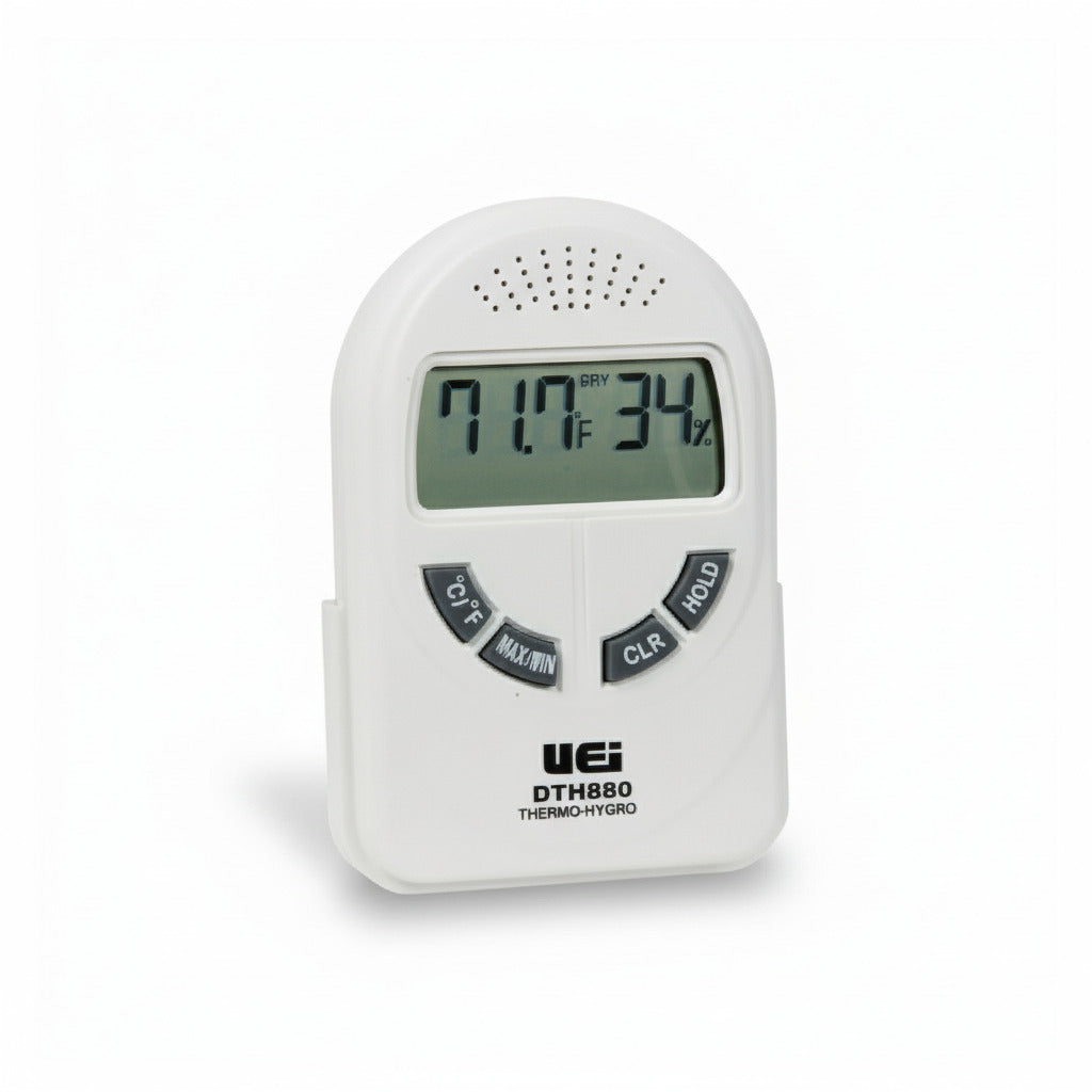 Termohigrómetro digital UEi DTH880 para monitoreo de temperatura y humedad en interiores con pantalla LCD.