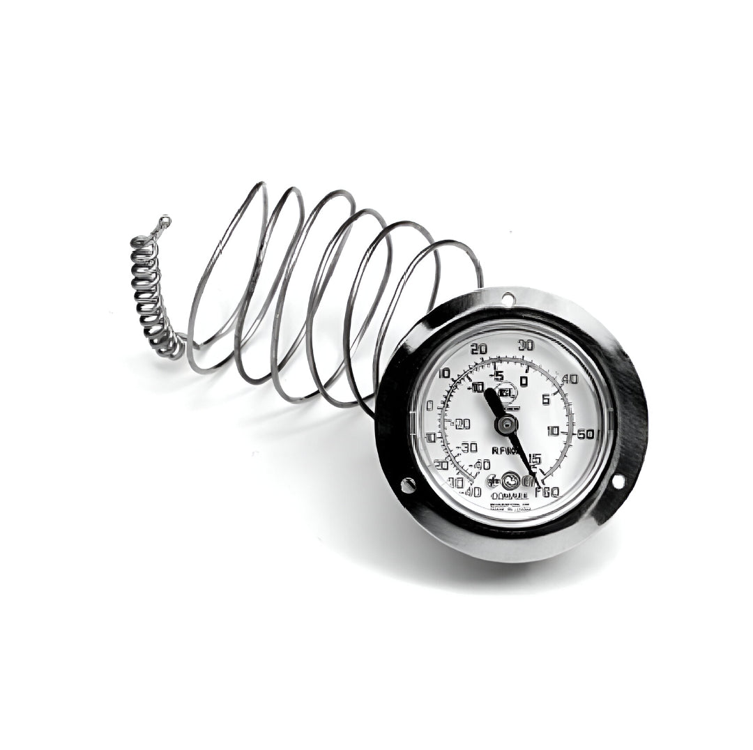 Termómetro redondo de dial UEi RF60A de acero inoxidable para monitoreo de temperatura en cuartos fríos y congeladores.