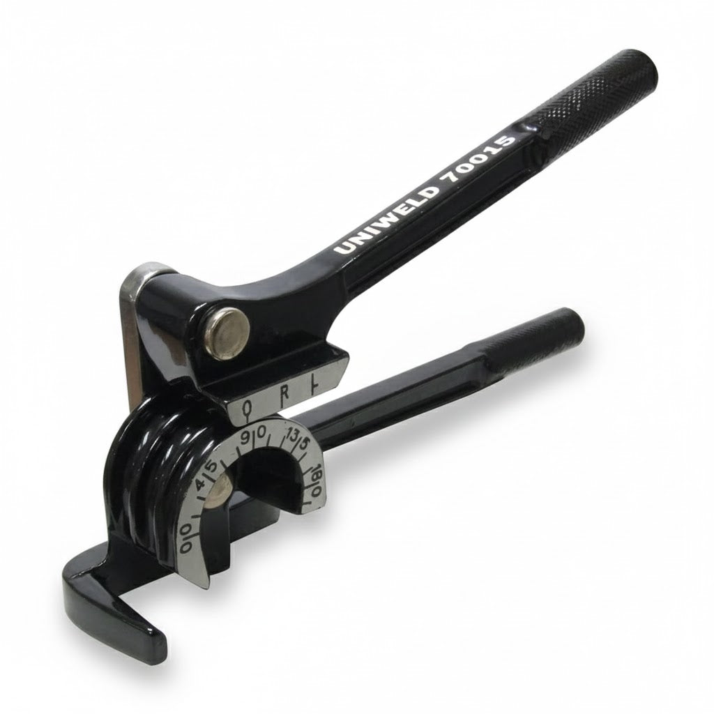 Doblador de tubo triple profesional Uniweld UNI-70015 para medidas de 1/4, 5/16 y 3/8 de pulgada en color negro.
