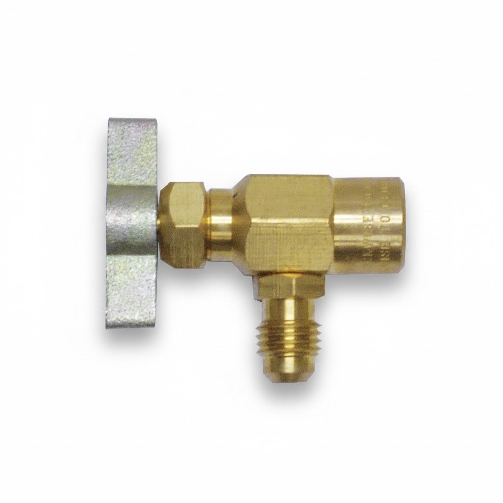 Válvula check de latón Uniweld UNI-AV25H con entrada de 7/16 y salida de 1/4 para refrigeración.