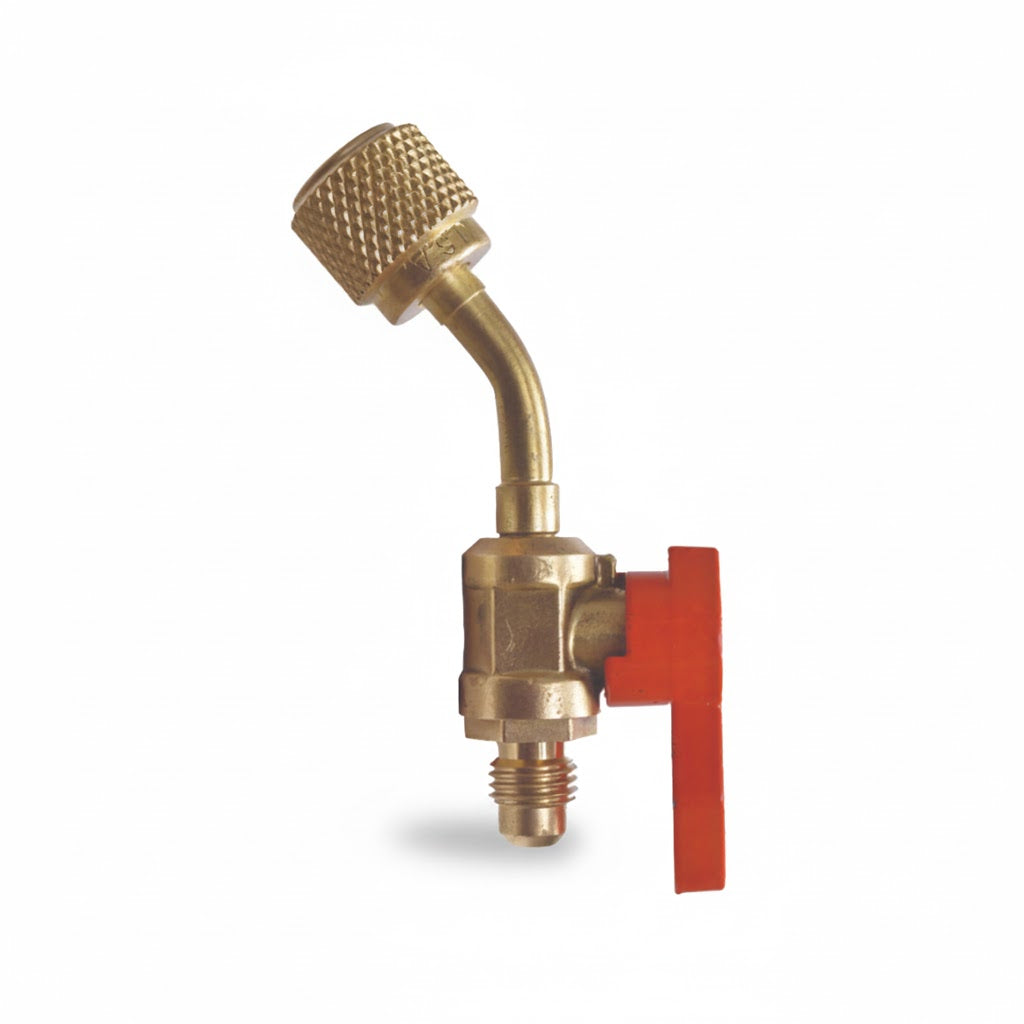 Válvula de bola profesional de latón Uniweld UNI-BV45 con mango rojo y extremo curvo para refrigeración.