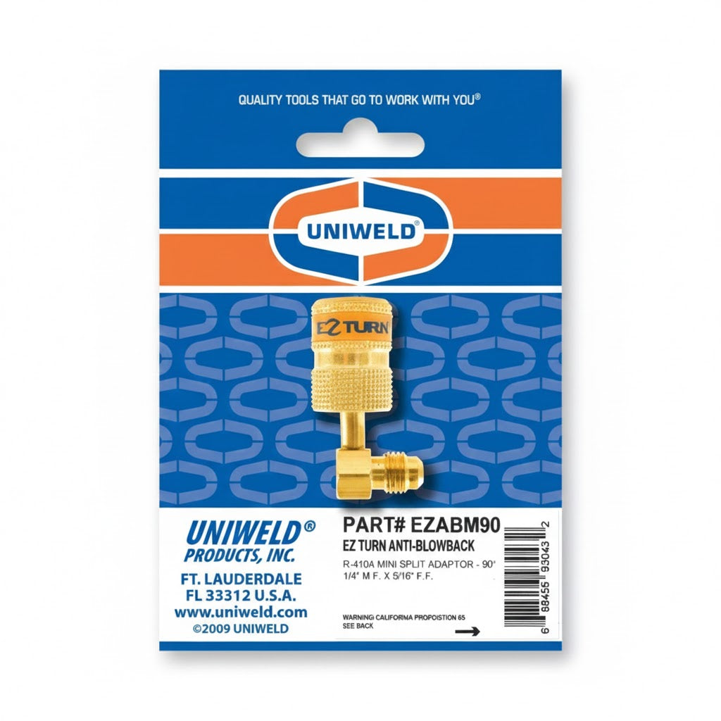 Adaptador angular de 90 grados Uniweld UNI-EZABM90 de latón con válvula Check para sistemas Mini Split R-410A.