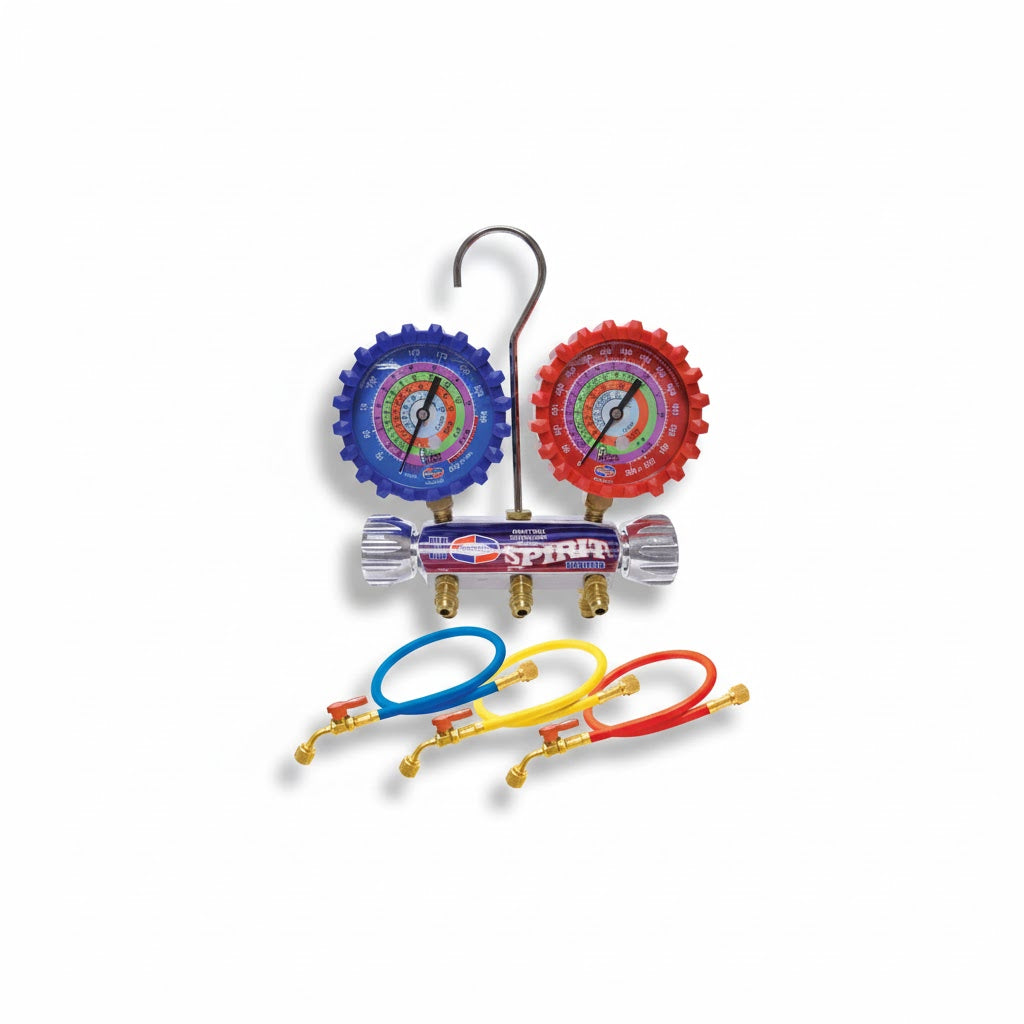 Juego de manifold profesional de aluminio Uniweld UNI-USAM5BV con tres mangueras de 60 pulgadas para refrigeración.