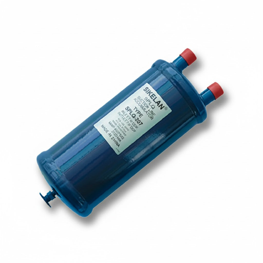 Acumulador de succión con conexión de 7/8 de pulgada marca ERO modelo ERO-SPLQ207 para protección de compresores industriales.