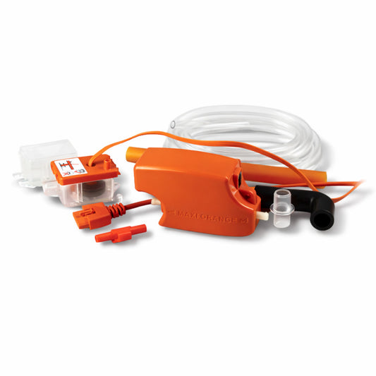Kit completo de bomba de condensado Aspen Maxi Orange color naranja con mangueras y accesorios para instalación.
