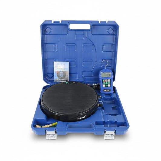 Báscula digital inalámbrica y programable marca ERO con capacidad de 100 kg y estuche de transporte para gas refrigerante.