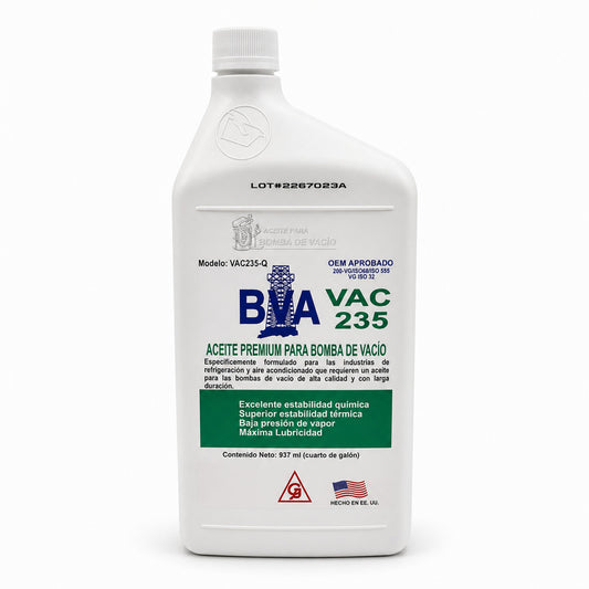 Aceite para bomba de vacío BVA VAC235-Q en presentación 1 QT para sistemas HVAC y refrigeración.