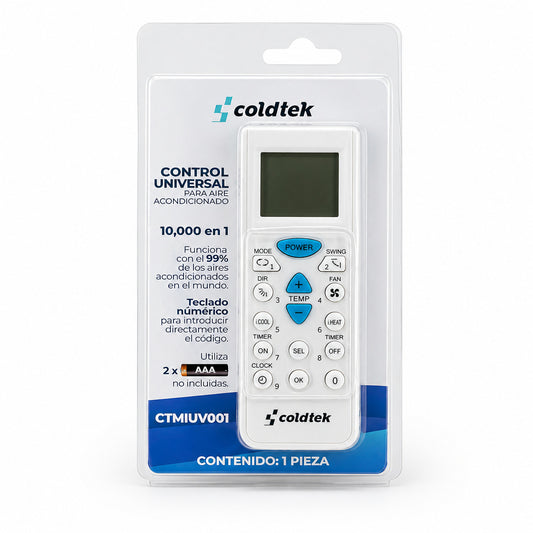 Control universal Coldtek CTMIUV001 10000 en 1 con pantalla LCD para aire acondicionado minisplit multimarca.