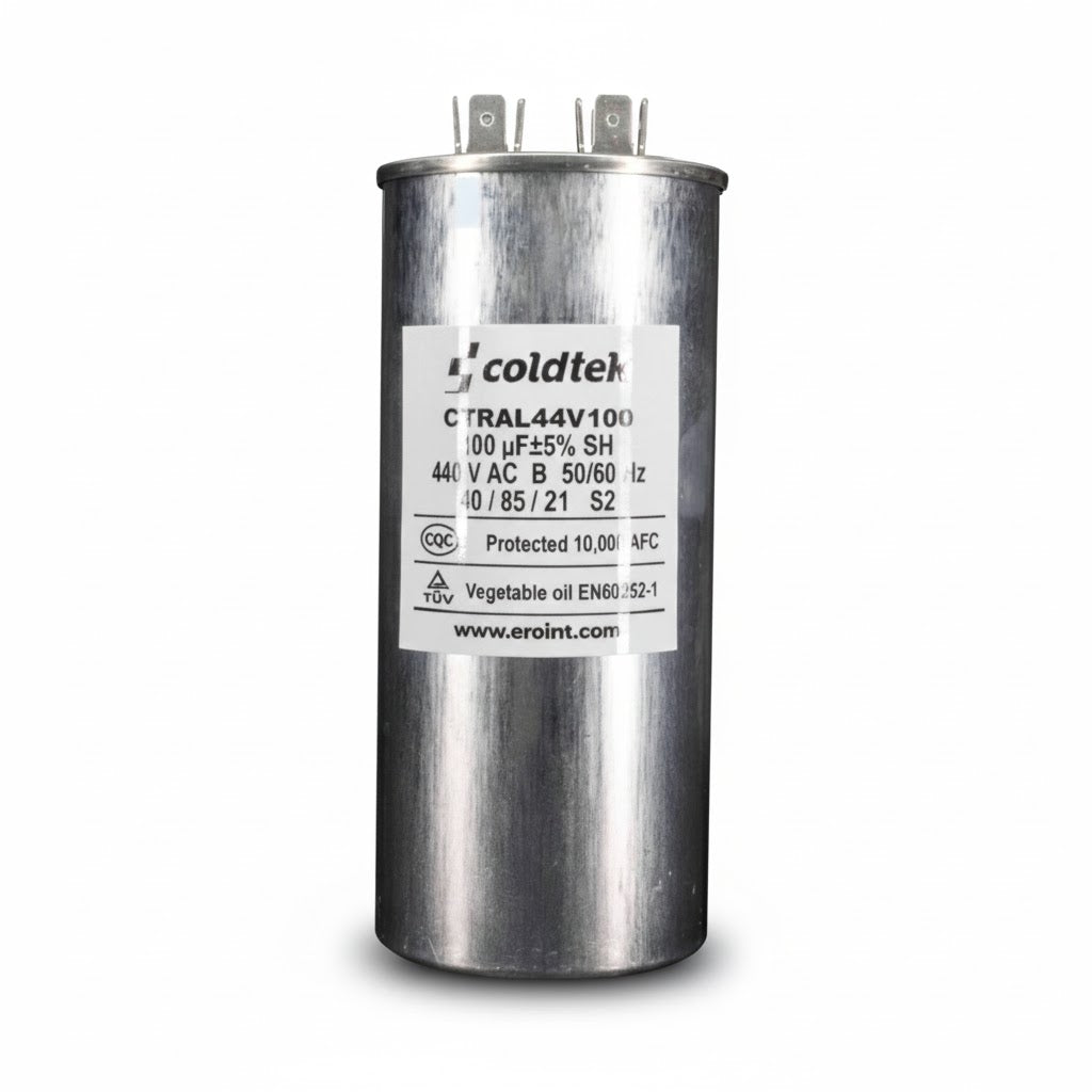Capacitor cilíndrico de aluminio para trabajo de motores eléctricos, 100 microfaradios y 450 voltios marca COLDTEK.