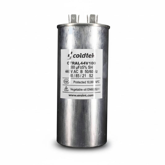 Capacitor cilíndrico de aluminio para trabajo de motores eléctricos, 100 microfaradios y 450 voltios marca COLDTEK.