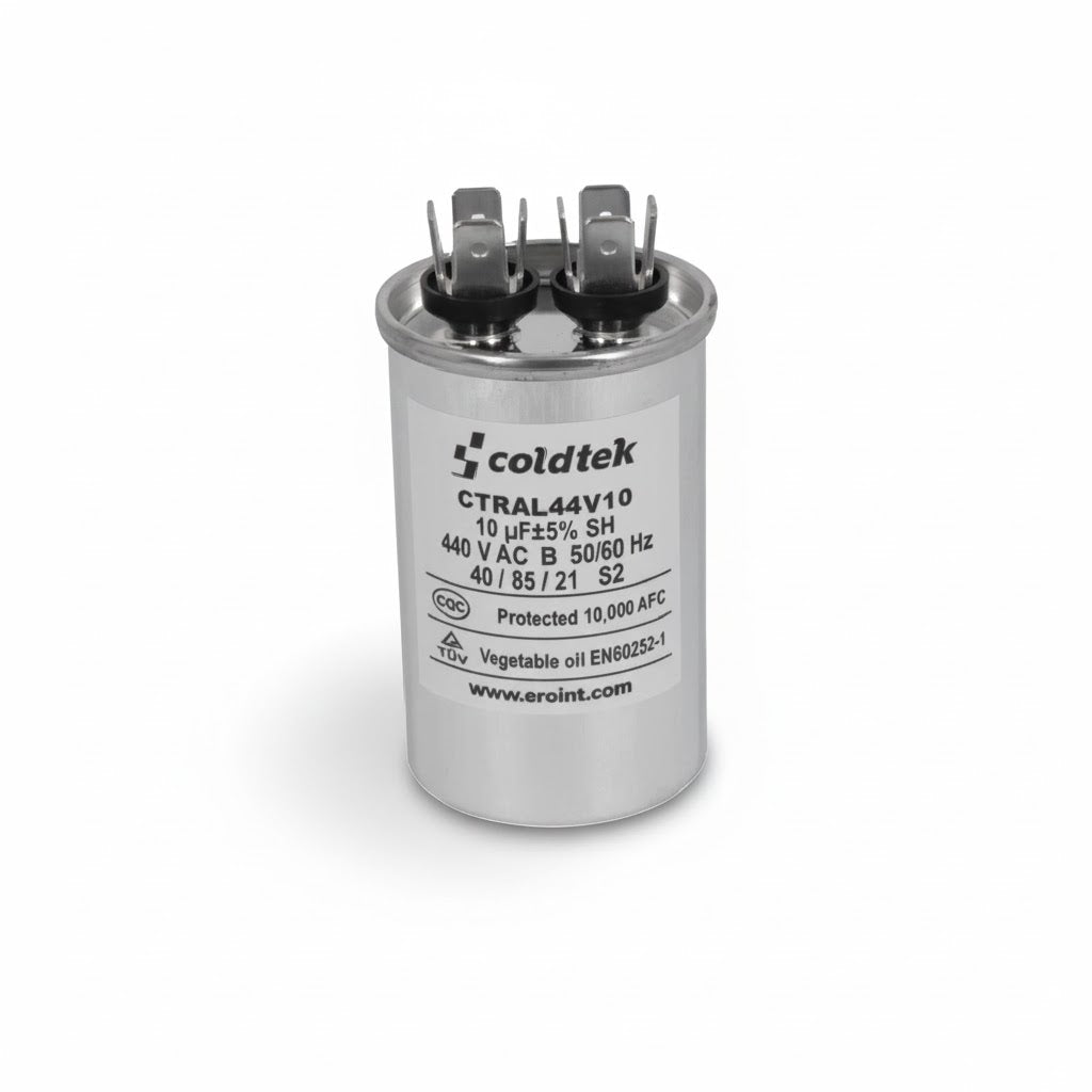 Capacitor cilíndrico de trabajo para motores eléctricos, 10 microfaradios y 440 voltios marca COLDTEK.