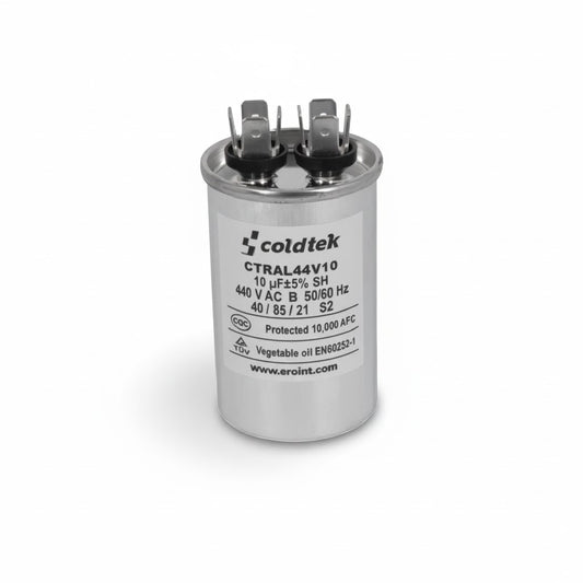 Capacitor cilíndrico de trabajo para motores eléctricos, 10 microfaradios y 440 voltios marca COLDTEK.