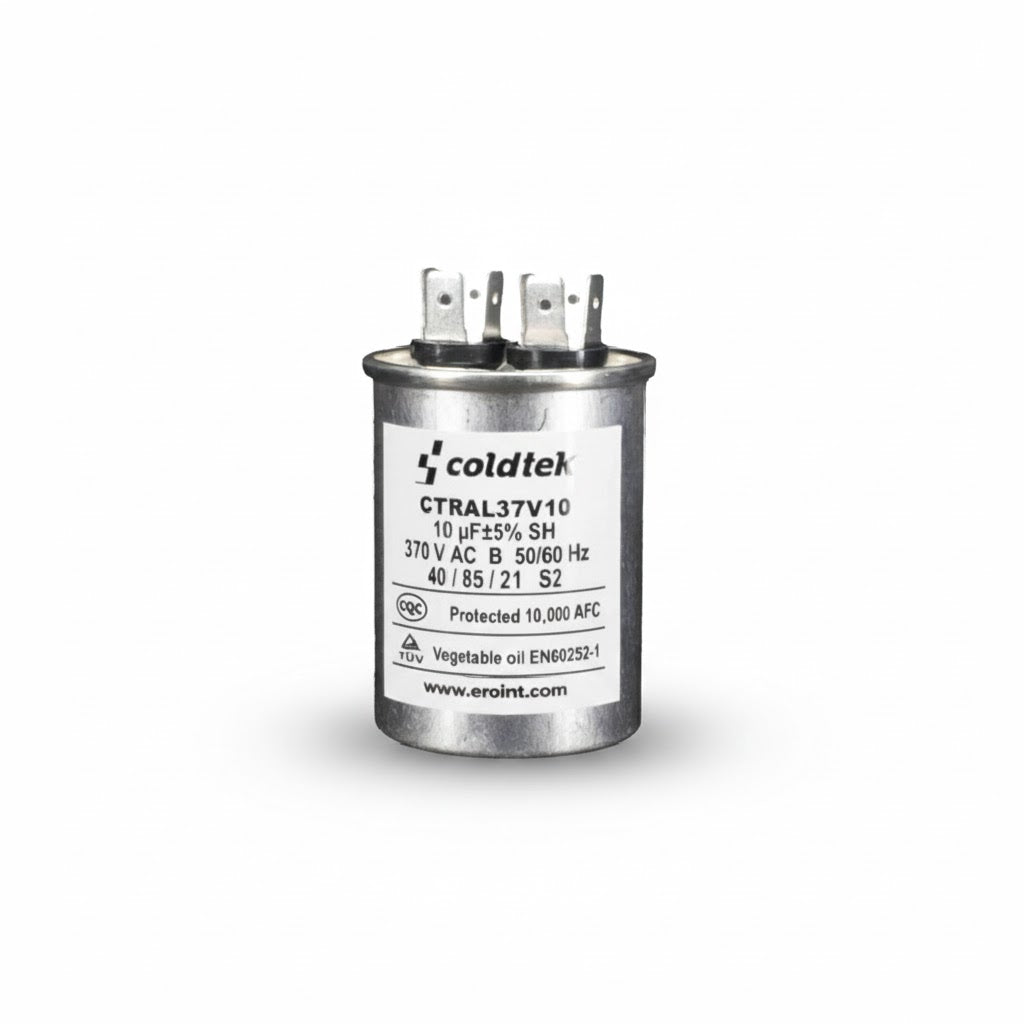 Capacitor cilíndrico de trabajo para motores eléctricos, 10 microfaradios y 370 voltios marca COLDTEK.