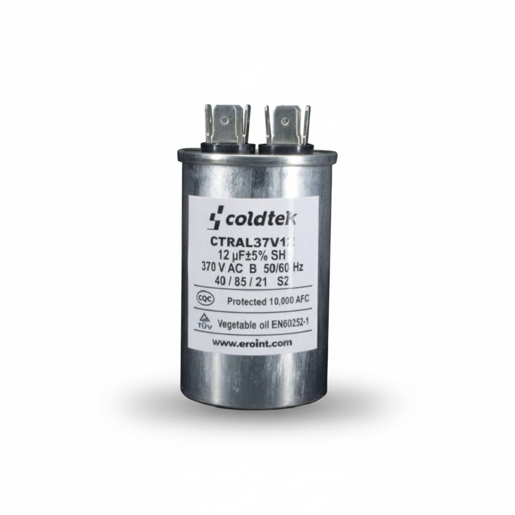 Capacitor cilíndrico de trabajo para motores eléctricos, 12 microfaradios y 370 voltios marca COLDTEK.