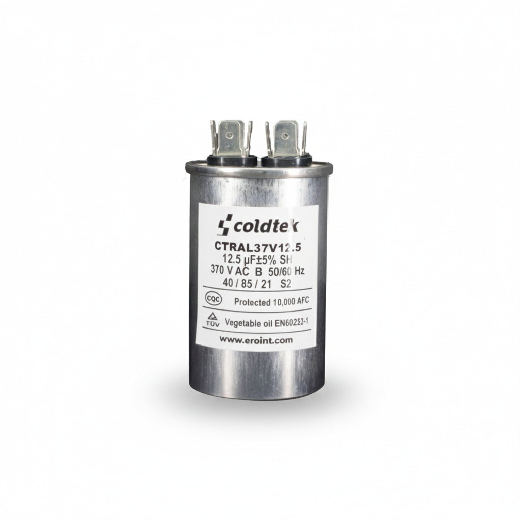 Capacitor cilíndrico de trabajo para motores eléctricos, 12.5 microfaradios y 370 voltios marca COLDTEK.