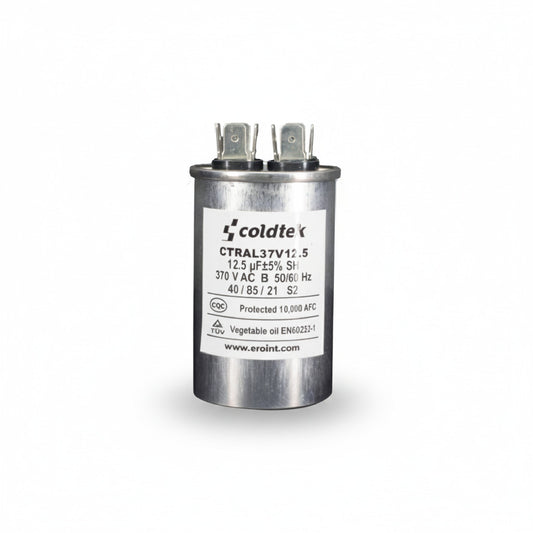 Capacitor cilíndrico de trabajo para motores eléctricos, 12.5 microfaradios y 370 voltios marca COLDTEK.