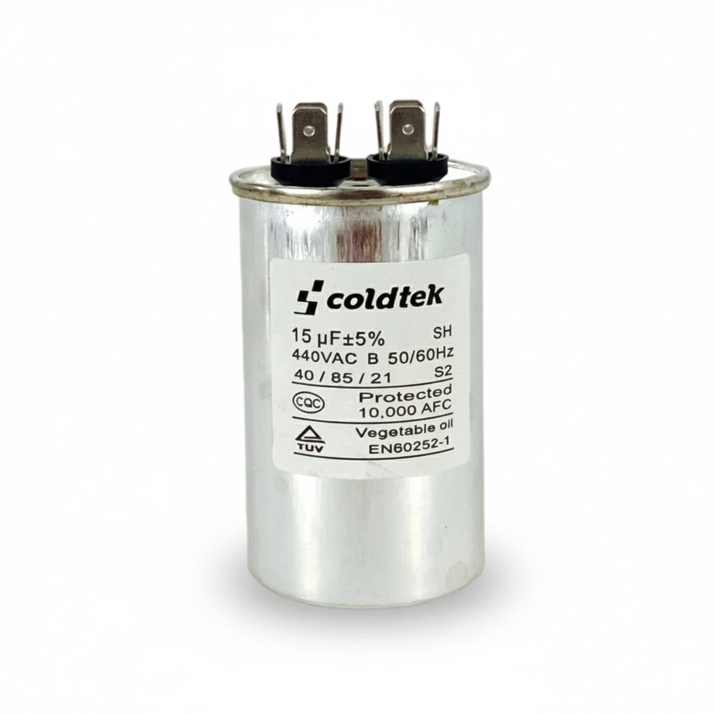 Capacitor cilíndrico de trabajo para motores eléctricos, 15 microfaradios y 440 voltios marca COLDTEK.