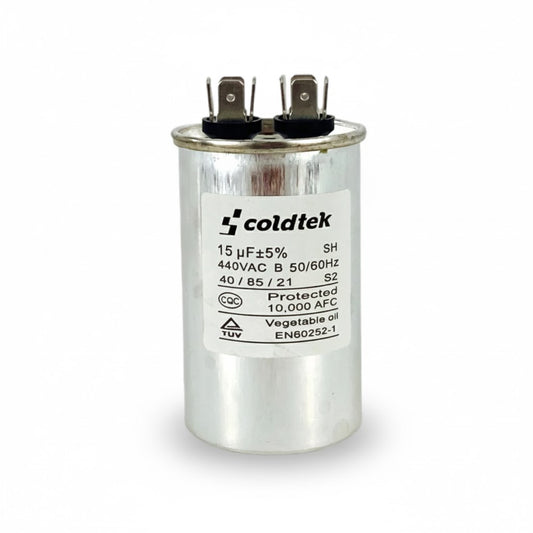Capacitor cilíndrico de trabajo para motores eléctricos, 15 microfaradios y 440 voltios marca COLDTEK.
