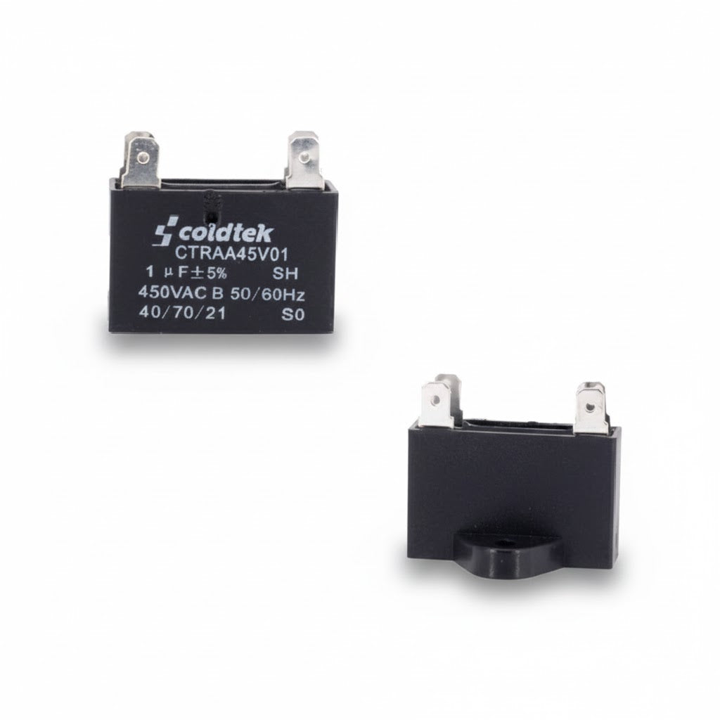 Capacitor tipo caja negro para trabajo de motores de ventilador, 1 microfaradio y 450 voltios marca COLDTEK.