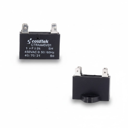 Capacitor tipo caja negro para trabajo de motores de ventilador, 1 microfaradio y 450 voltios marca COLDTEK.