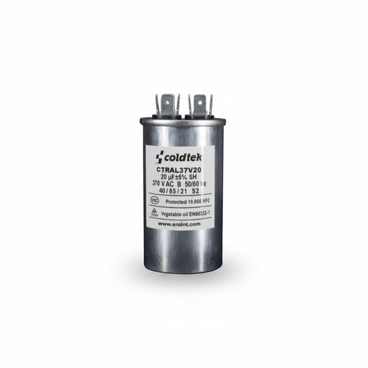 Capacitor cilíndrico de trabajo para motores eléctricos, 20 microfaradios y 370 voltios marca COLDTEK.