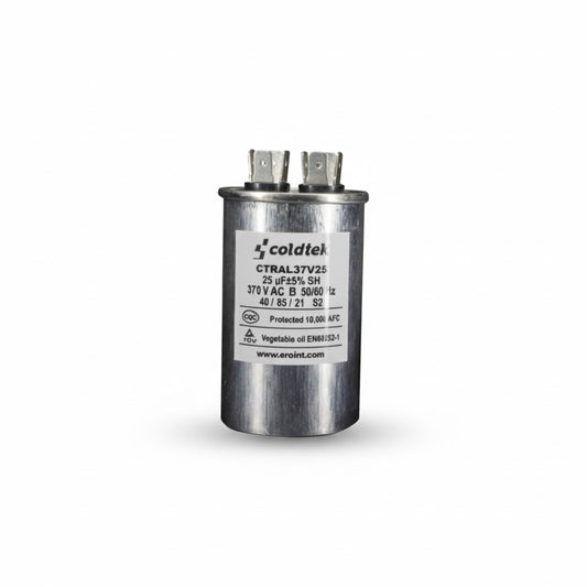 Capacitor cilíndrico de trabajo para motores eléctricos, 25 microfaradios y 370 voltios marca COLDTEK.