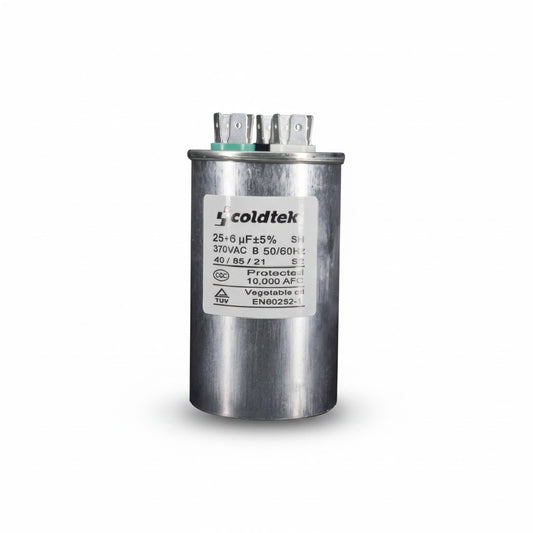 Capacitor cilíndrico dual de aluminio para compresor y ventilador, 25+6 microfaradios y 370 voltios marca COLDTEK.