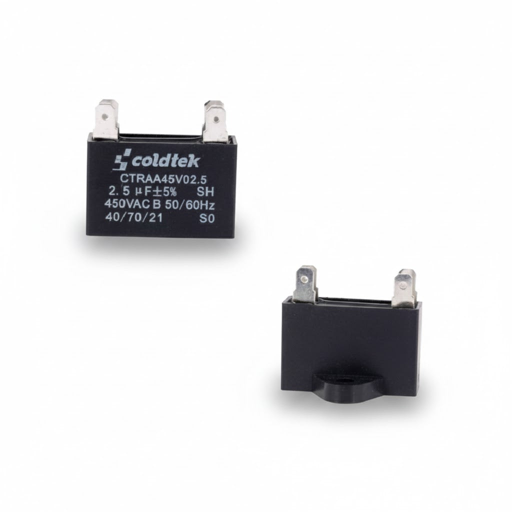 Capacitor tipo caja negro para trabajo de motores de ventilador, 2.5 microfaradios y 450 voltios marca COLDTEK.